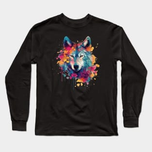 Colorful wolf with flowers Long Sleeve T-Shirt